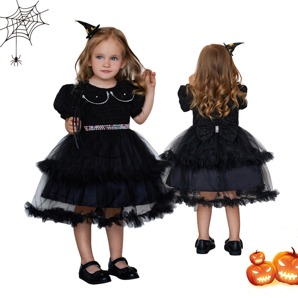 Girls Fashion Halloween Mesh Stitching Puff Sleeve Dress