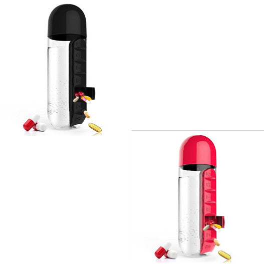 2-in-1 Water Bottle with Pill Box - Travel Cup with Storage