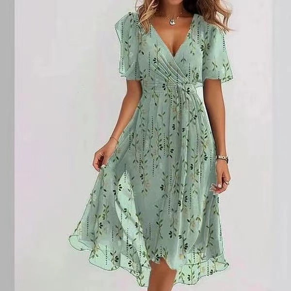 Chiffon Printed Short Sleeve Dress Summer Elegant V-Neck Dresses