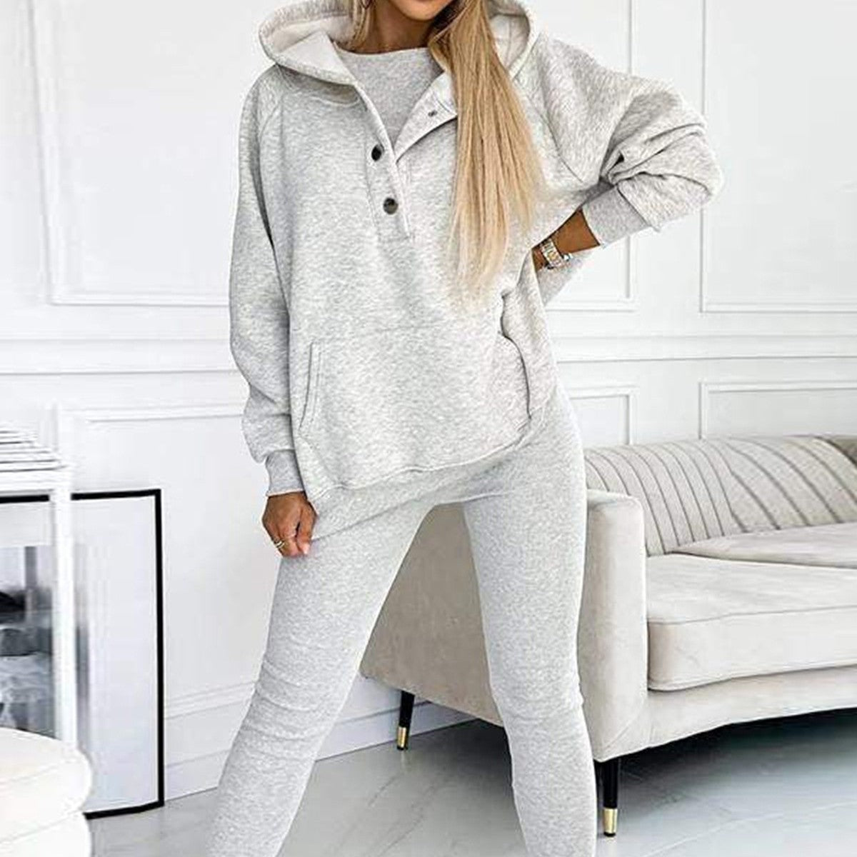 3pcs Women's Sports Suit Loose Hooded Pockets Sweatshirt and Vest
