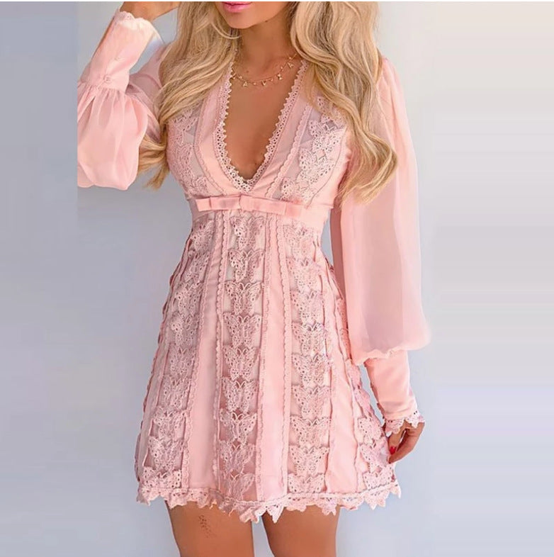 White Elegant Dresses Sexy V-Neck Lace Dress Long Puff Sleeve