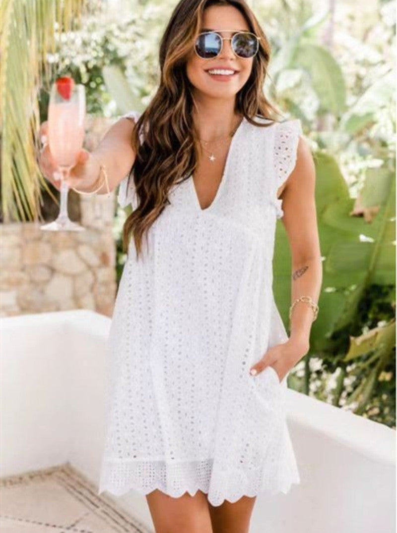 Lace Dresses with Pocket Summer Sleeveless Jacquard Cutout V-Neck