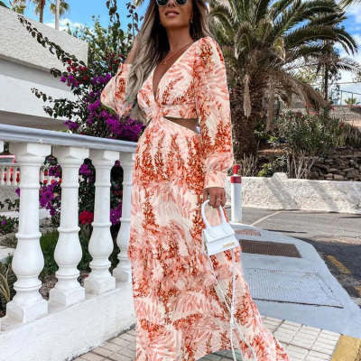 Elegant Women's Hollow Floor V-Neck Long-Sleeved Plant Dress Long