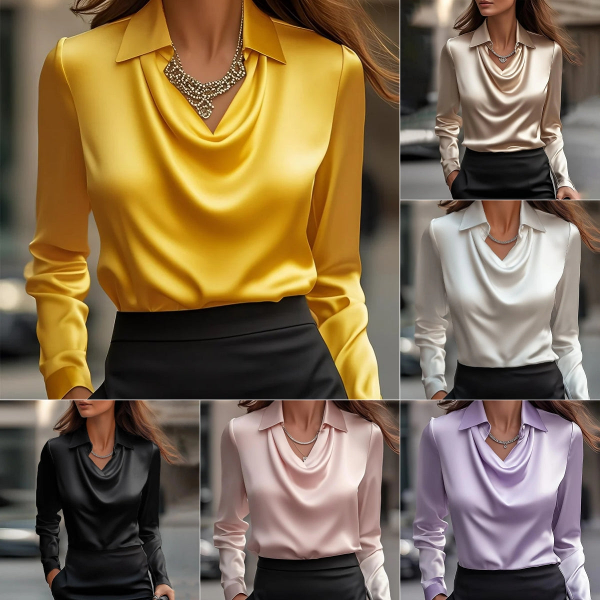 Women's Swing Collar Draped Shirts & Blouses Elegant Solid Satin