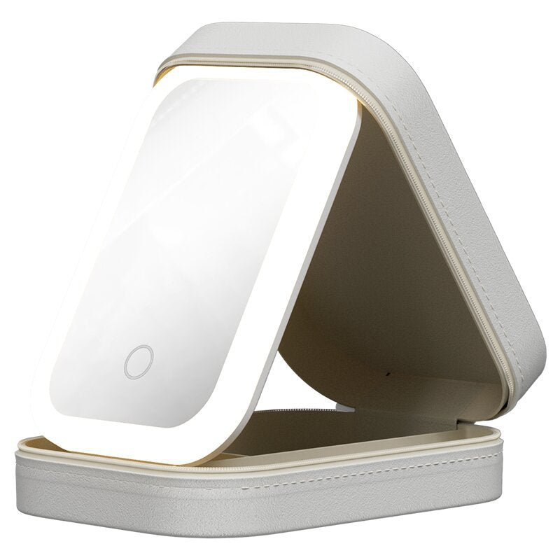 LED Mirror Makeup Storage Box - Portable Travel Cosmetic Organizer with Touch Light