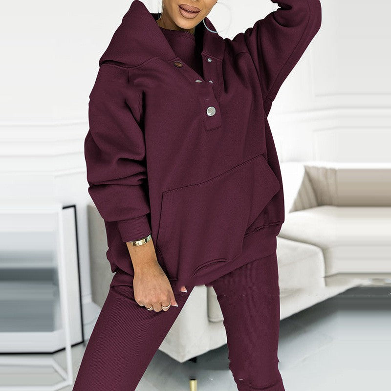 3pcs Women's Sports Suit Loose Hooded Pockets Sweatshirt and Vest