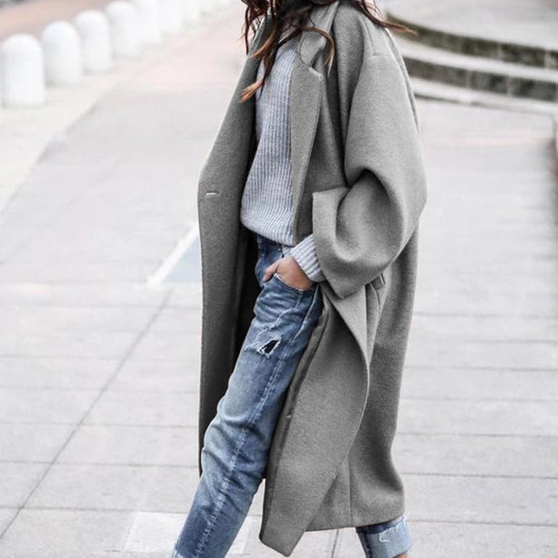 Casual Long Jacket with Pockets Solid Color Single Breasted Lapel