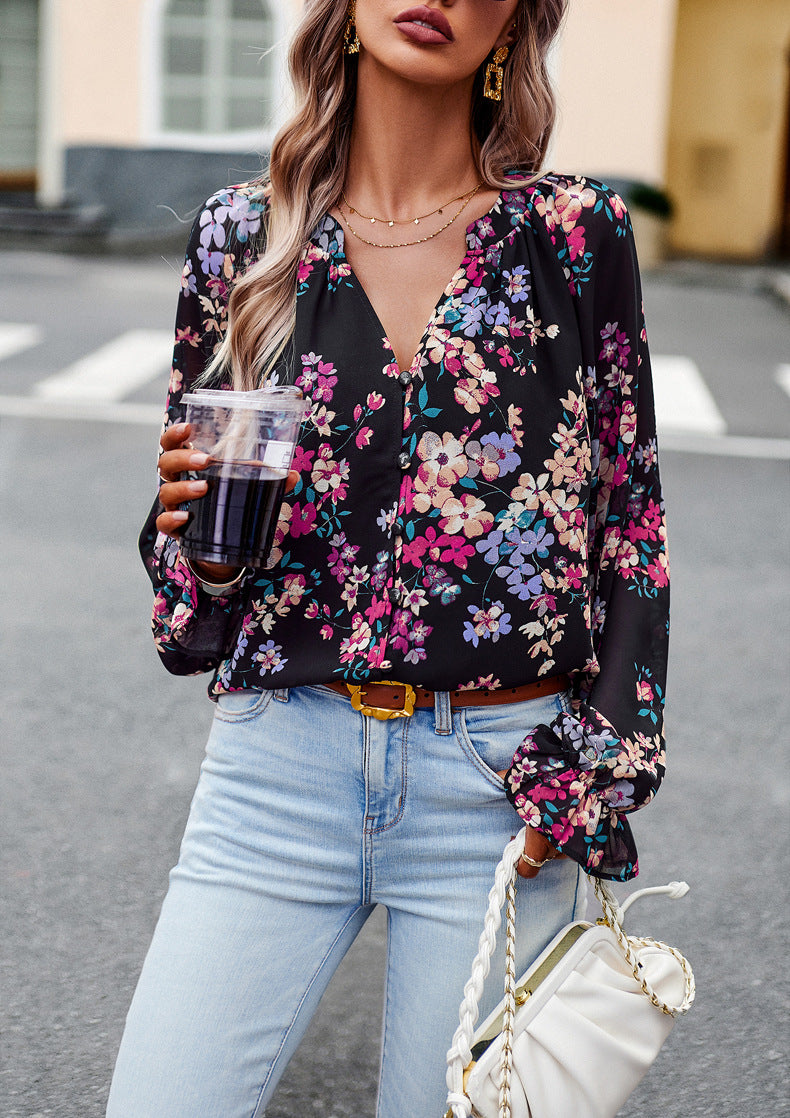 Women's Tops Casual Floral Print V-Neck Long Sleeve Shirts Loose