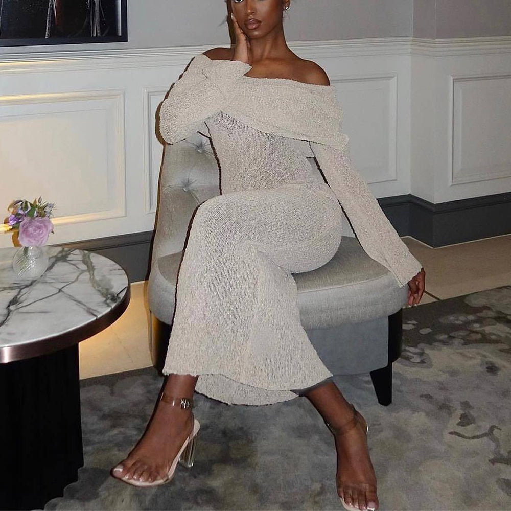 One-Shoulder Knitted Long-Sleeved Dress Sexy Beach Holiday Long