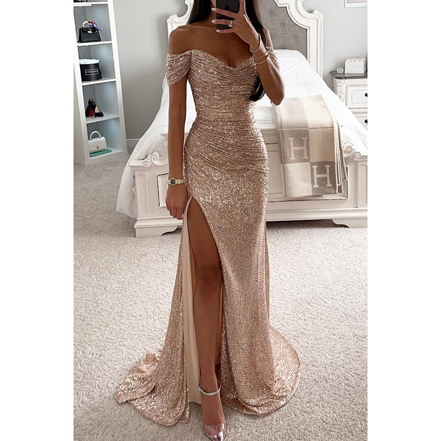 Party Sequins Off-Neck Split Dress Casual Fashion Women Charming