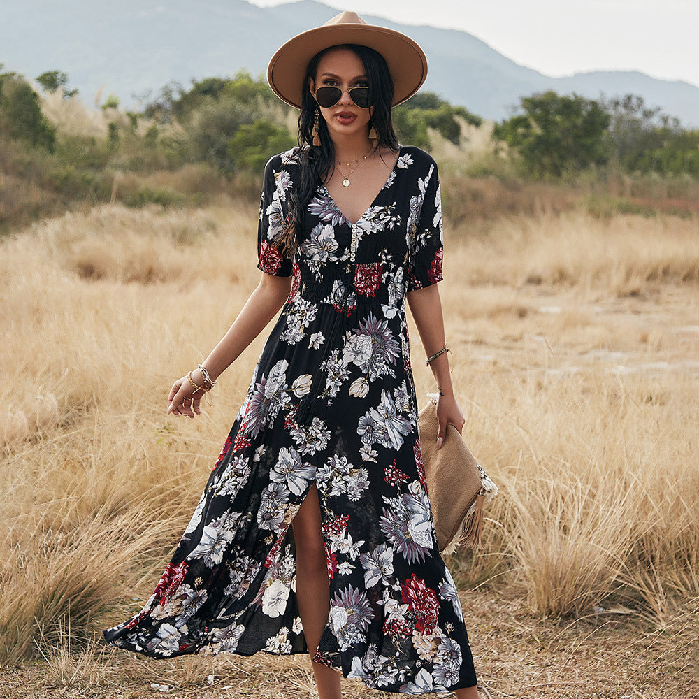 Floral Summer Beach Dress with V-Neck Elastic Waist Dresses for Women