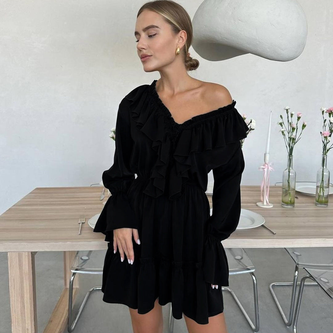Fashion V-Neck Pleated Ruffle Long Sleeve Dress Y2K Flared Short