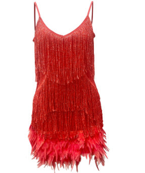 Sexy Tassel Sequins Feather Summer Mini Dress Women V-Neck Spaghetti