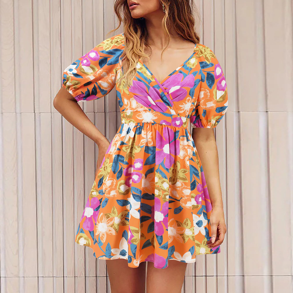 Flowers Print V-Neck Lantern-Sleeve Dress Y2K Summer Vacation Beach