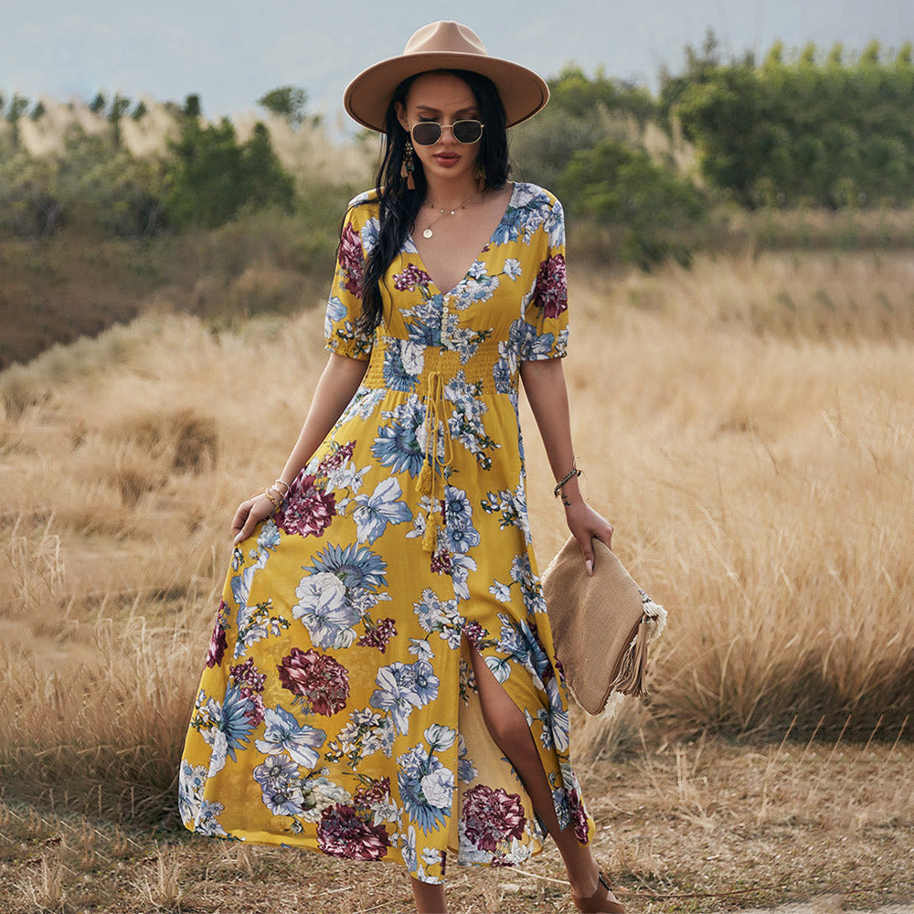 Floral Summer Beach Dress with V-Neck Elastic Waist Dresses for Women
