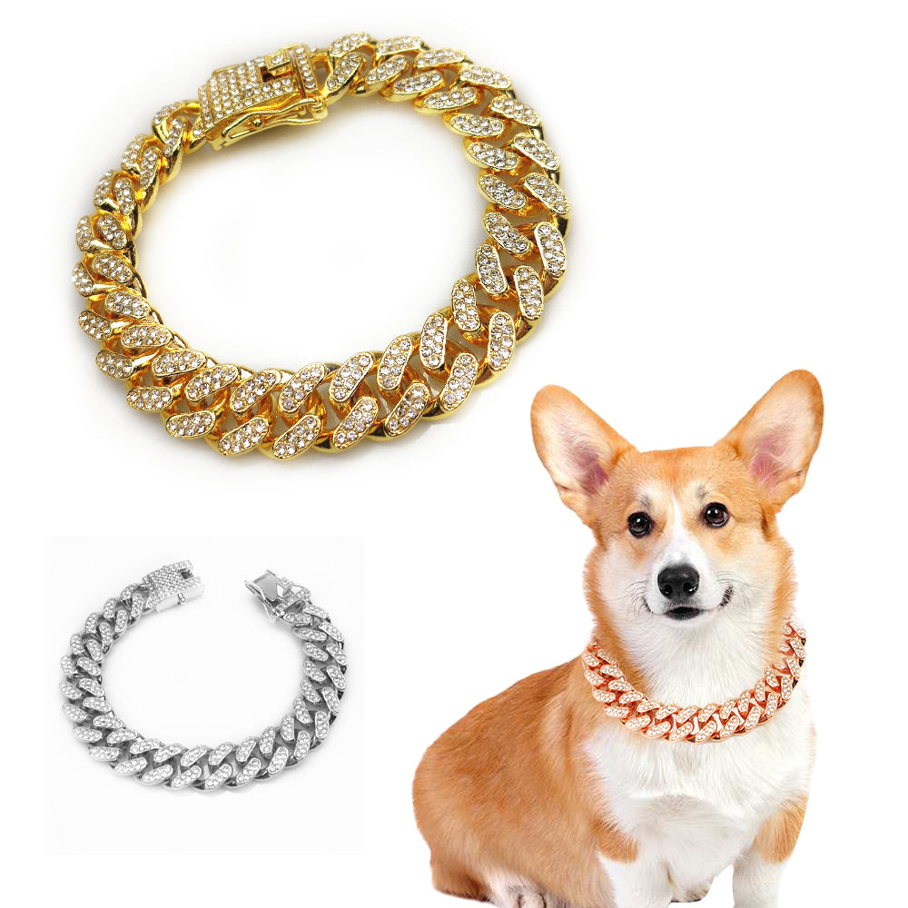 Hip Hop Cuban Chain Dog Collar - Gold Metal Pet Necklace