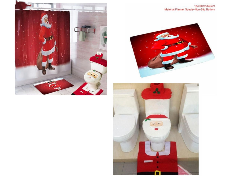 Christmas Merry Bathroom Curtain Santa Claus Toilet Seat Decorations