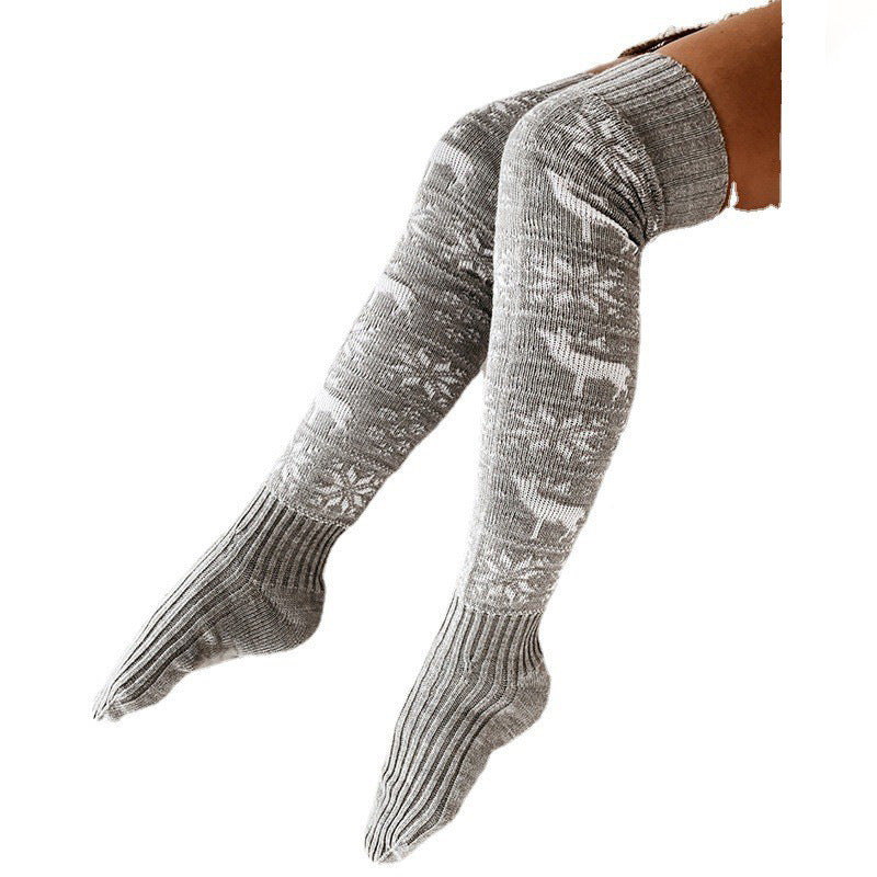 Winter Christmas Warm Knitted Women Stocking Beautiful Elk Snowflake