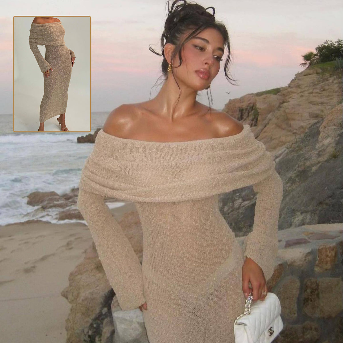 One-Shoulder Knitted Long-Sleeved Dress Sexy Beach Holiday Long