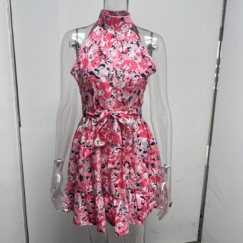 Flowers Print Halterneck Dress Summer Fashion Temperament Lace-Up