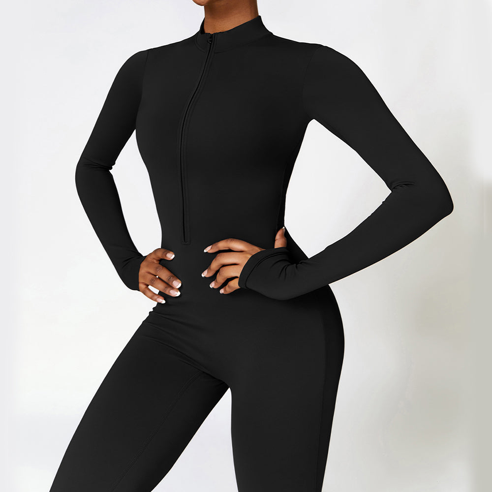 Warm Zipper Long-Sleeved Jumpsuit Yoga Fitness Sports Pants