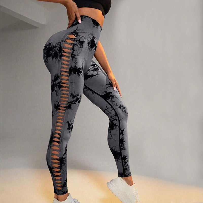 Hollow Tie Dye Printed Yoga Pants High Waist Butt Lift Seamless