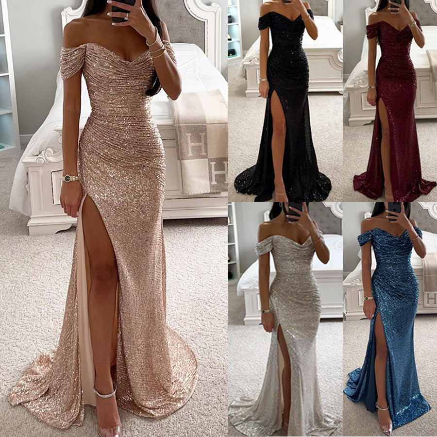 Party Sequins Off-Neck Split Dress Casual Fashion Women Charming