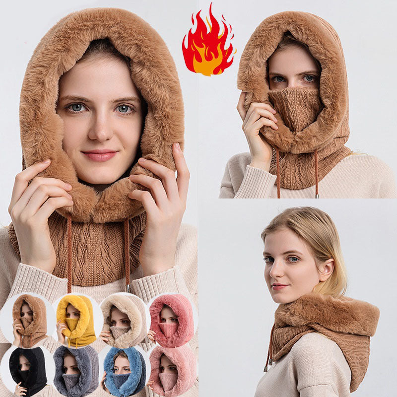 Winter Thick Plush Hat with Scarf Windproof Warm Knit Hats Hooded
