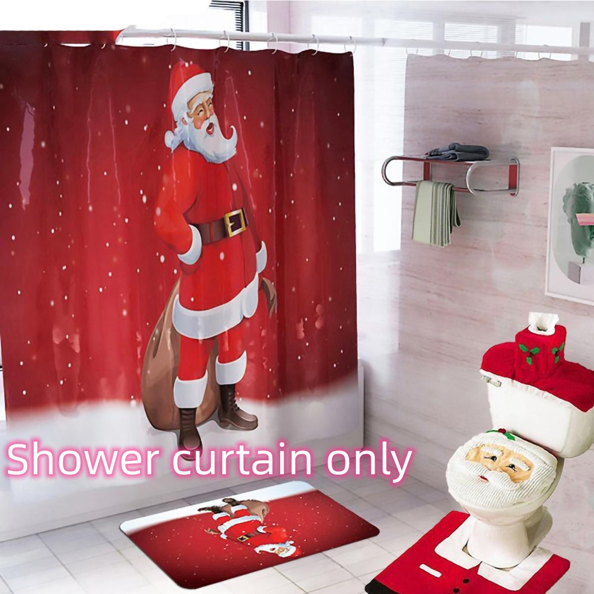 Christmas Merry Bathroom Curtain Santa Claus Toilet Seat Decorations