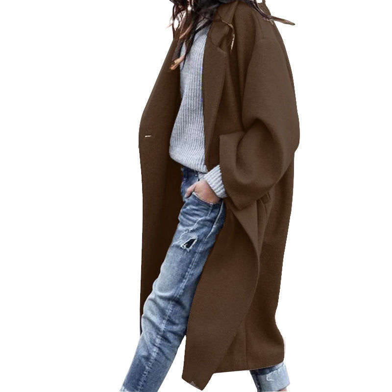 Casual Long Jacket with Pockets Solid Color Single Breasted Lapel