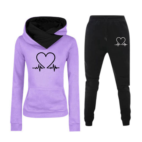 Love Heart Printed Sports Suit Hooded Sweatshirt Top and Drawstring