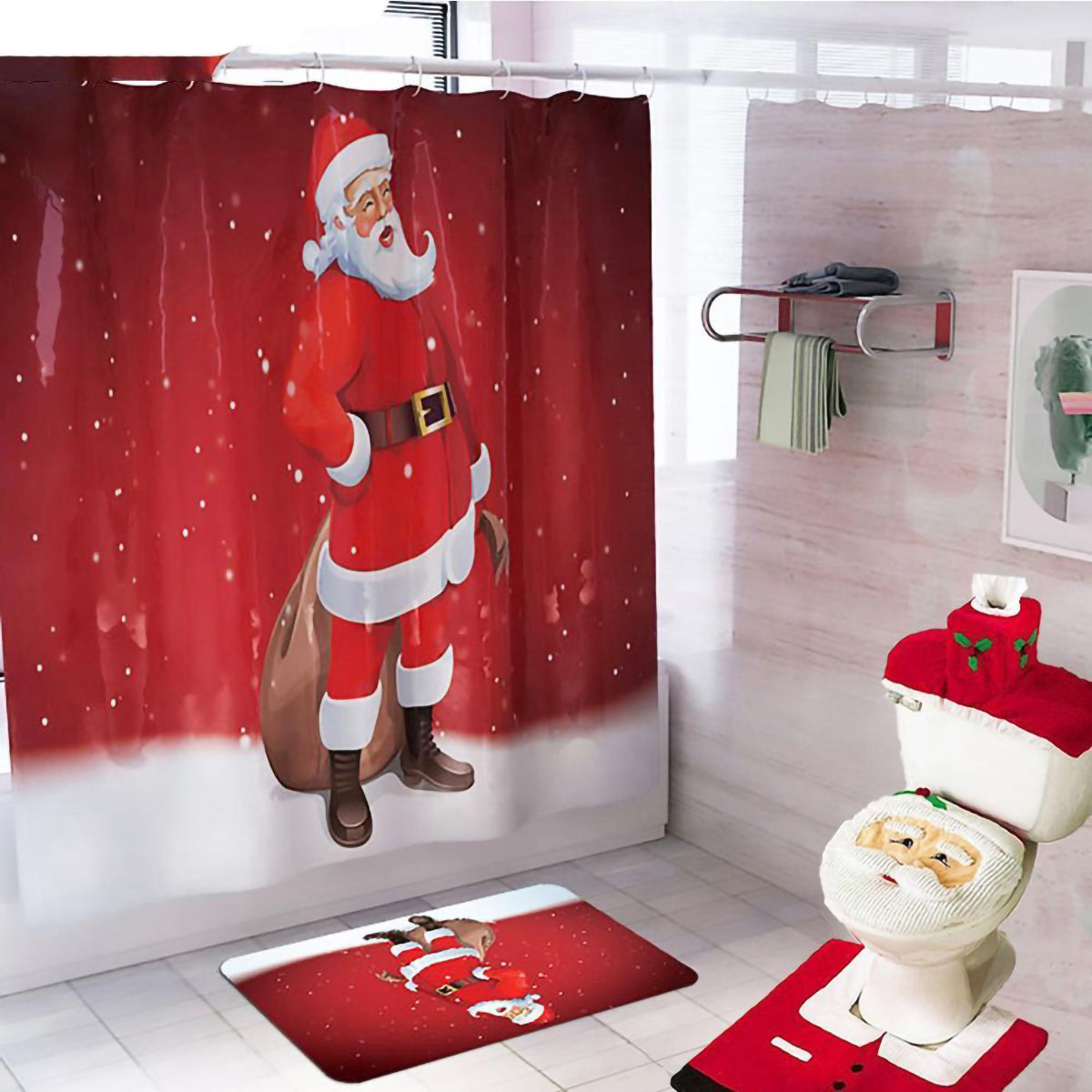 Christmas Merry Bathroom Curtain Santa Claus Toilet Seat Decorations