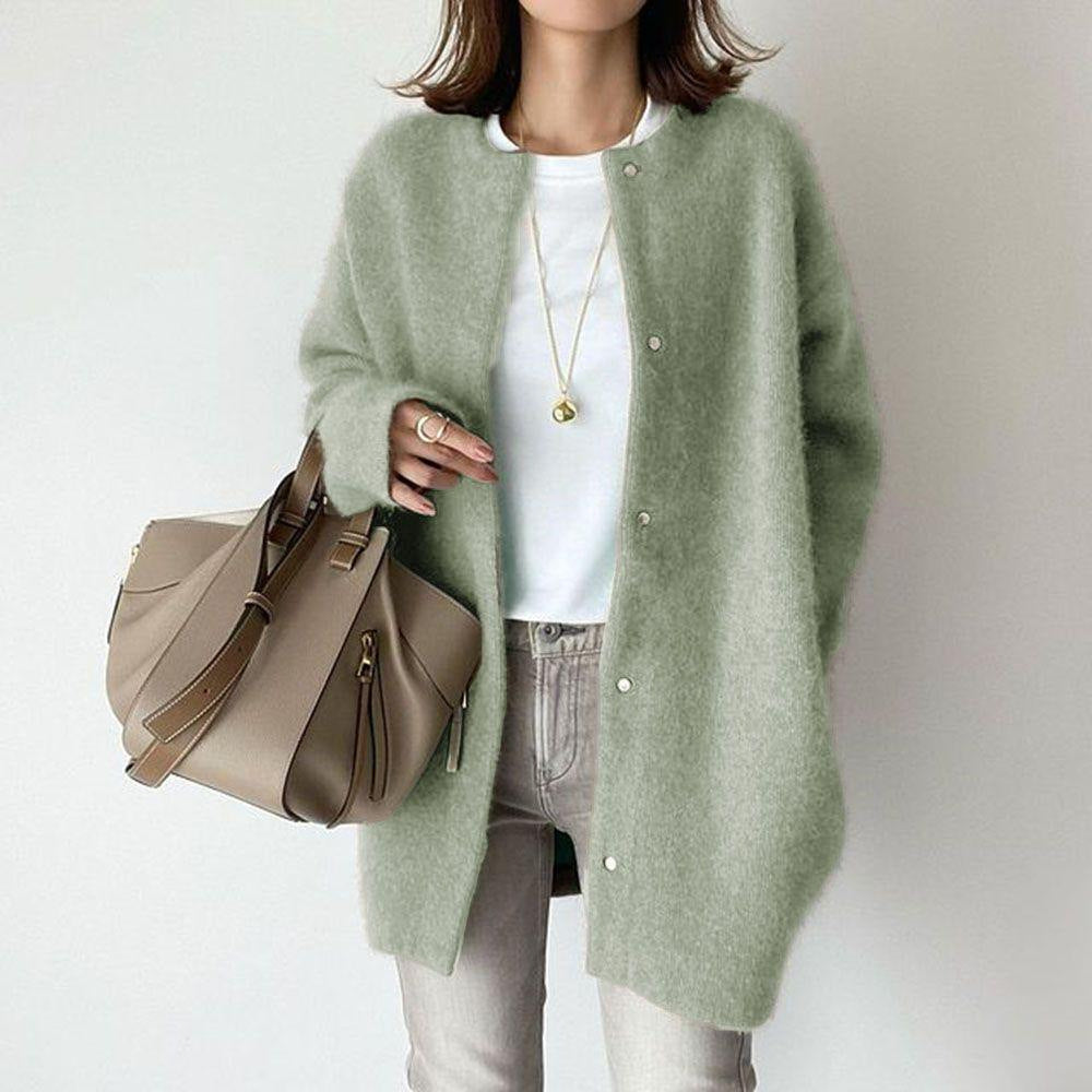 Loose Round Neck Single Breasted Cardigan Fashion Solid Color Coat
