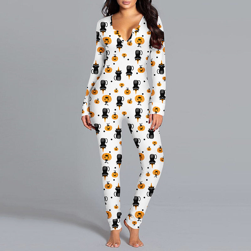 Halloween Printed Jumpsuit Long Sleeve Home Pajamas Casual Trousers