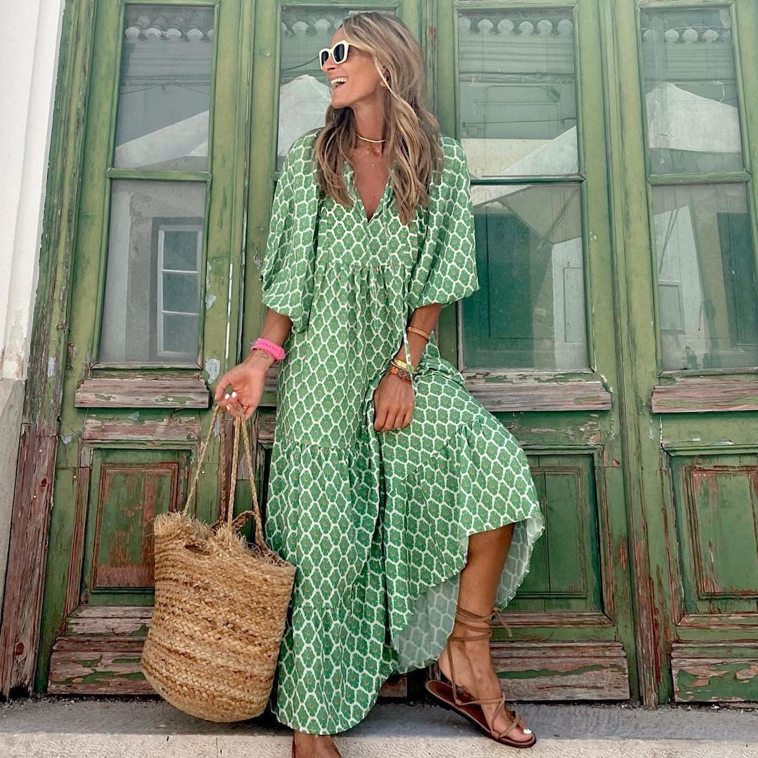 Summer Women's Vintage Printed Bohemian Dress Elegant Ladies Casual