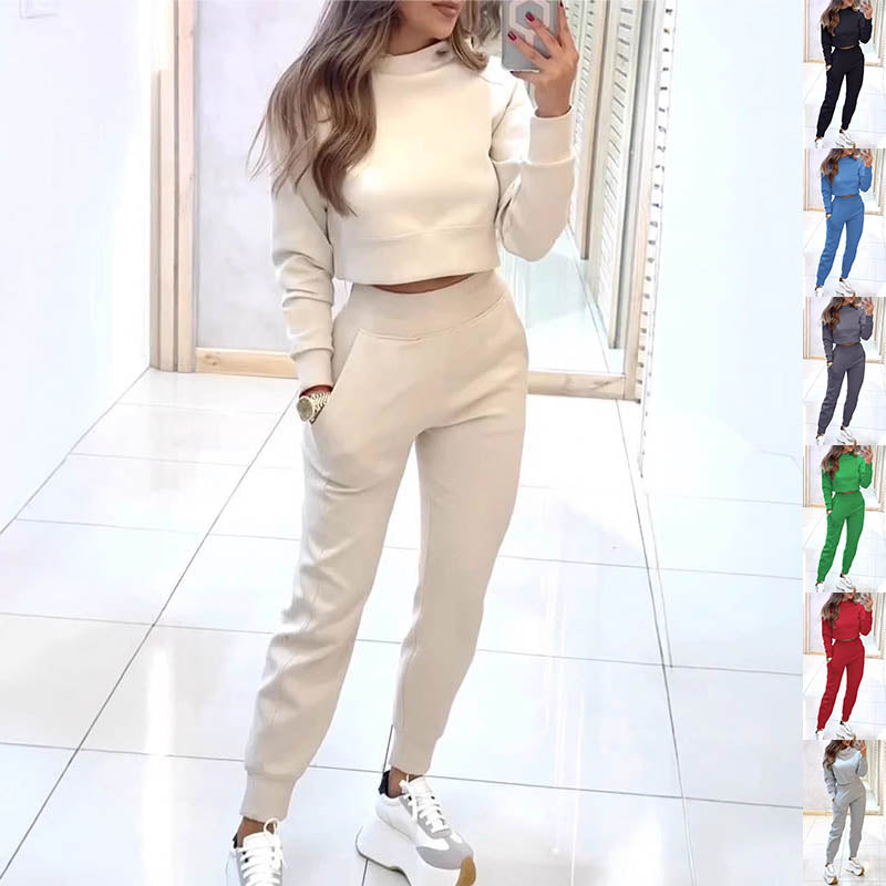 Stand Collar Sports Suit Fashion Pullover Long-Sleeves Short Top