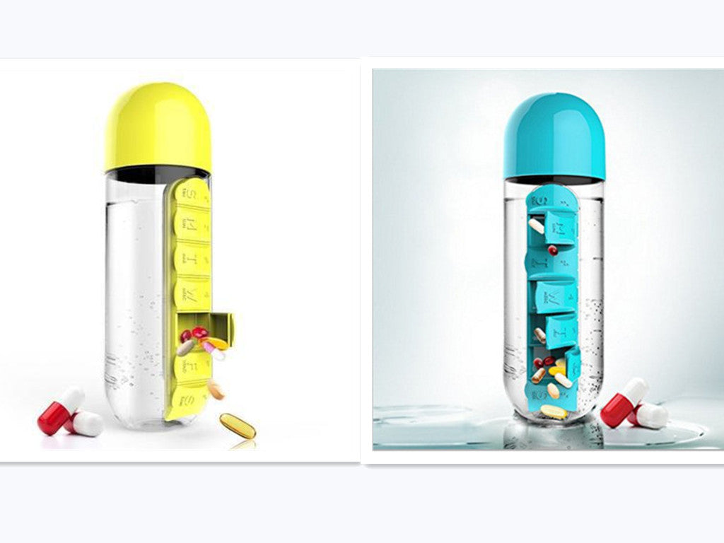 2-in-1 Water Bottle with Pill Box - Travel Cup with Storage
