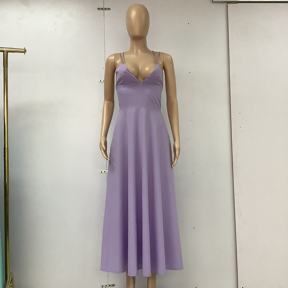 Sexy V-Neck Suspender Dress Summer Fashion A-Line Long Dresses
