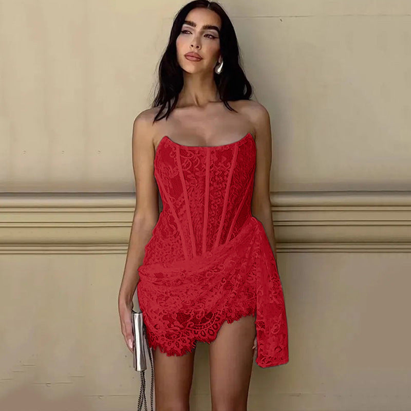 Strapless Lace Dress Party Women Fashion and Sexy Slim Skirt