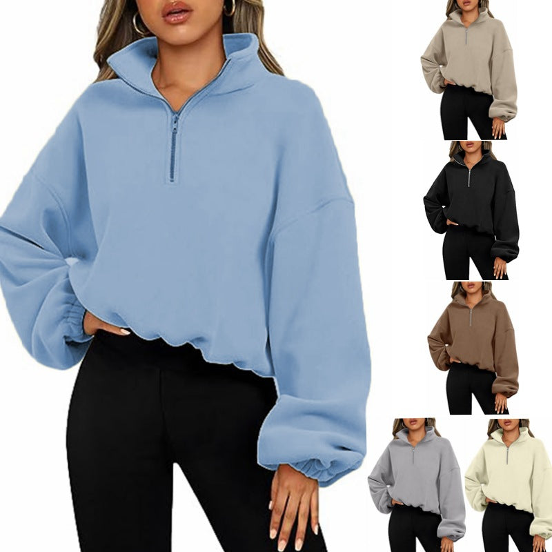 Loose Sport Pullover Hoodie Women Winter Solid Color Zipper Stand