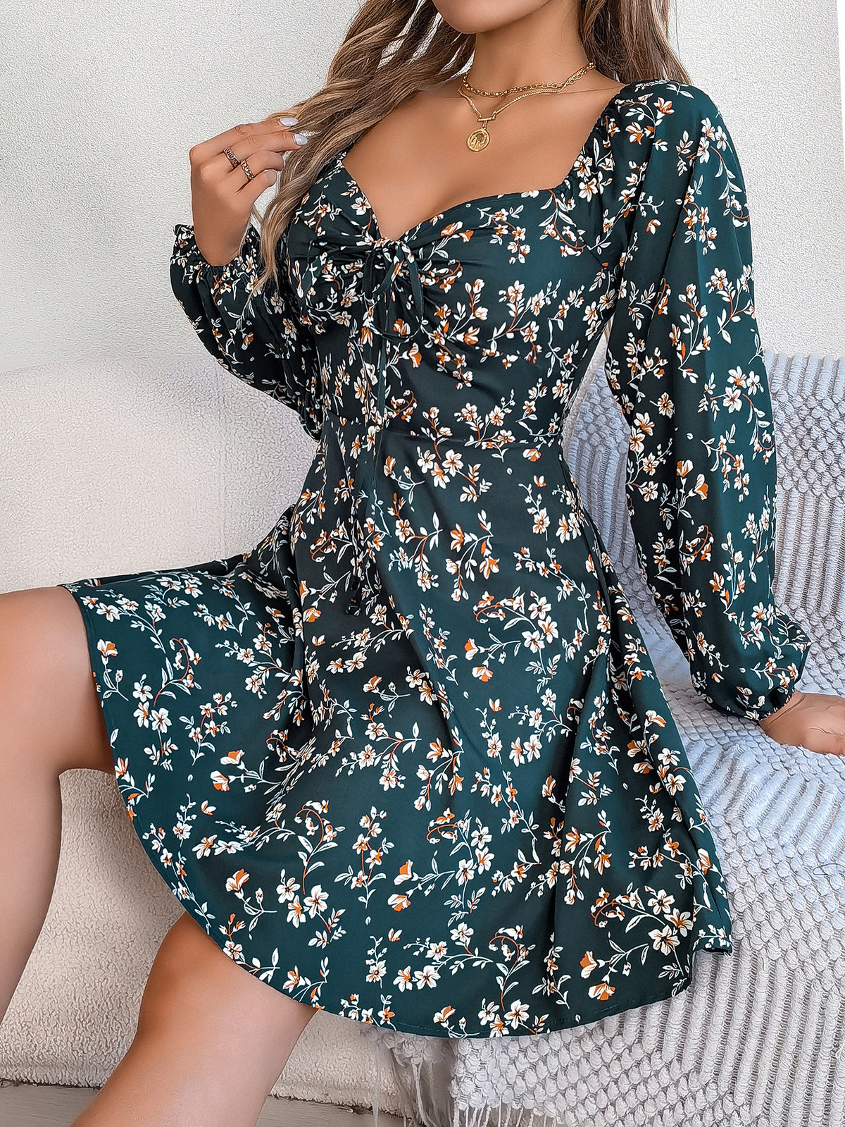 Fashion Floral Print Lantern Sleeve Dress Casual Sexy Tie Square Neck