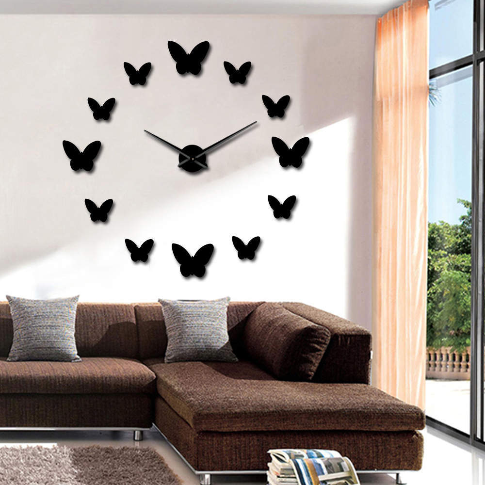 3D Mirror Wall Clock Butterfly Living Room Bedroom Home Decor Big Time