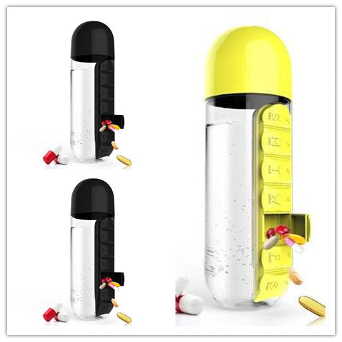 2-in-1 Water Bottle with Pill Box - Travel Cup with Storage