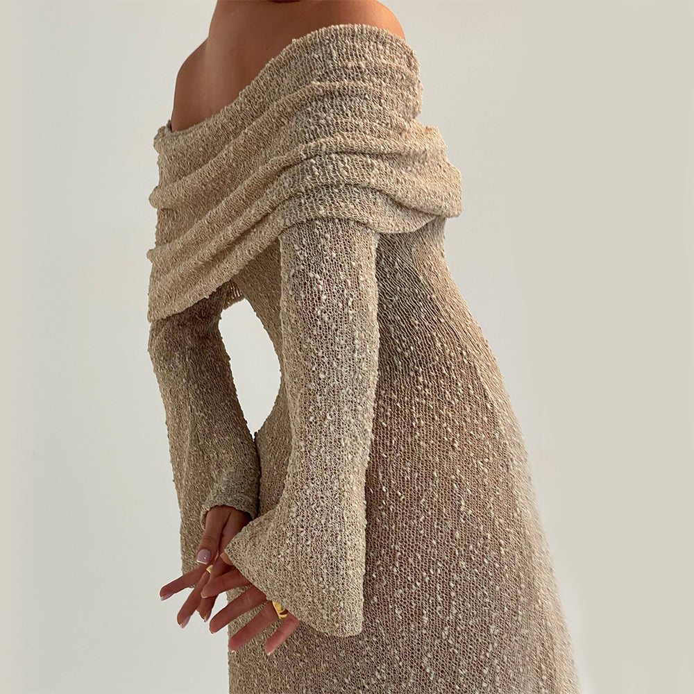 One-Shoulder Knitted Long-Sleeved Dress Sexy Beach Holiday Long