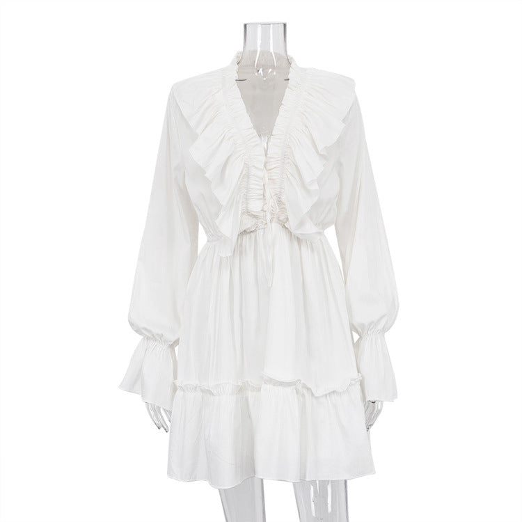Fashion V-Neck Pleated Ruffle Long Sleeve Dress Y2K Flared Short