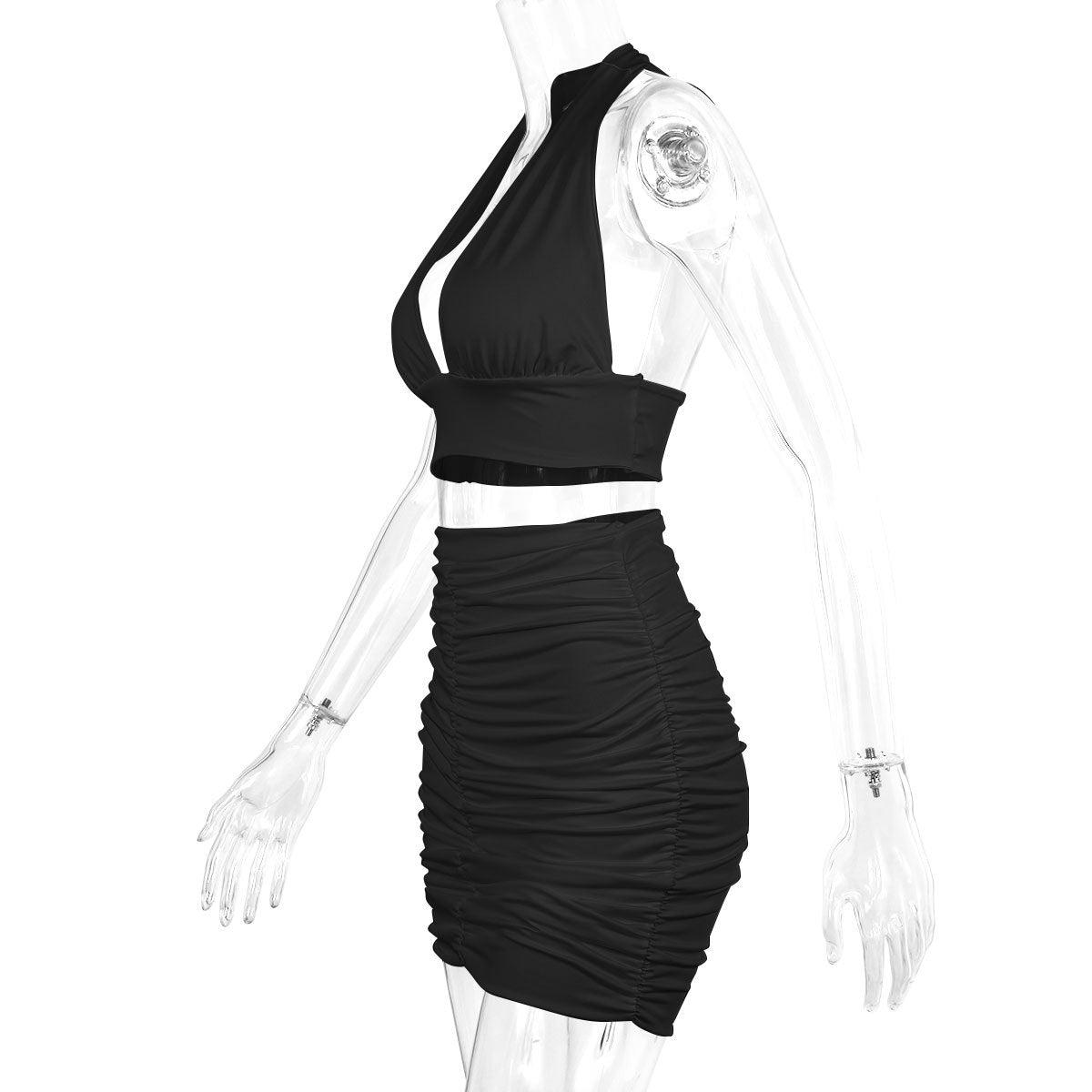 2pcs Dress Suits for Women Halter Lace-Up Hip Top and Pleated