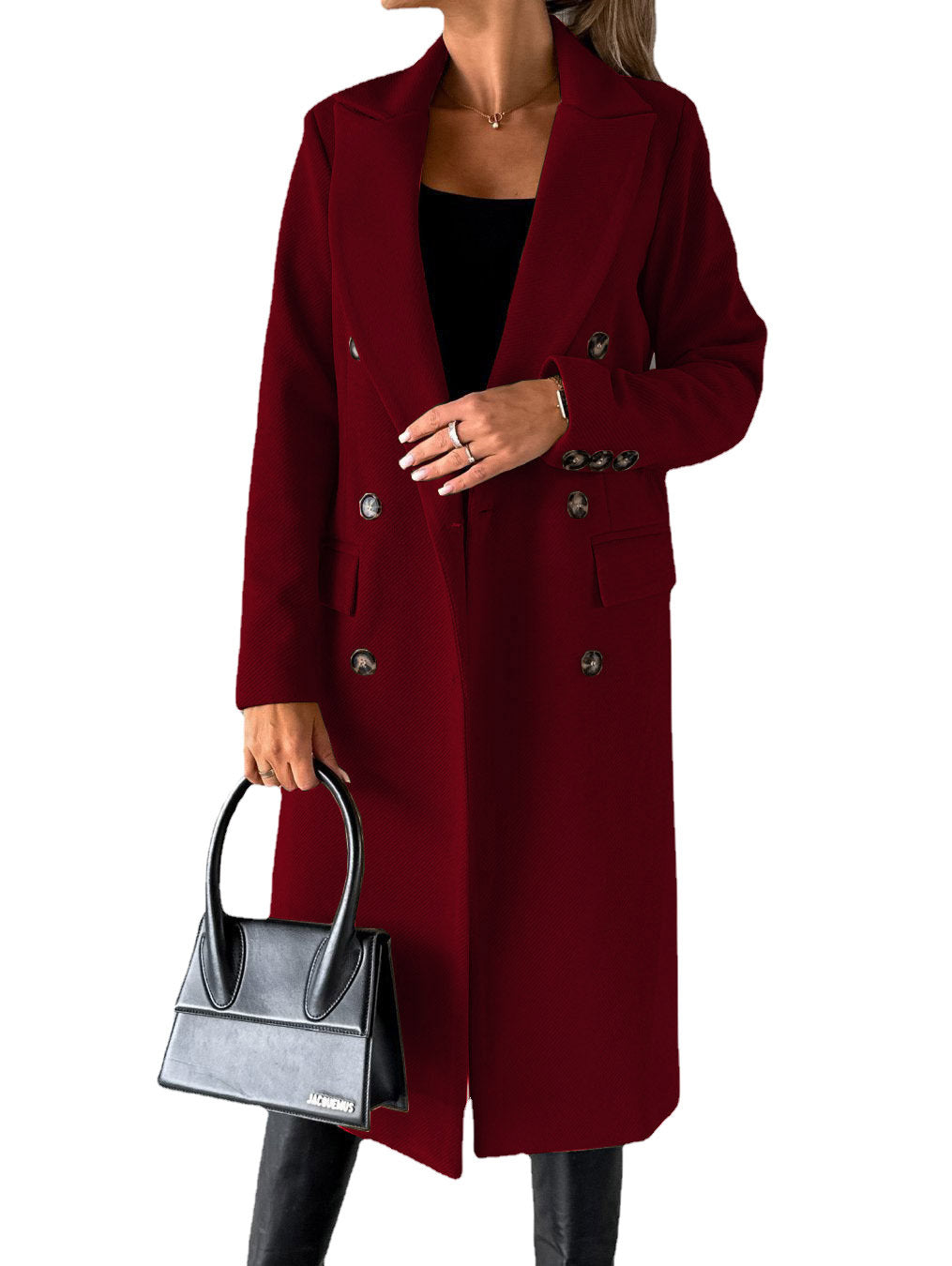 Double Breasted Lapel Coat Winter Fashion Solid Slim Long Jacket