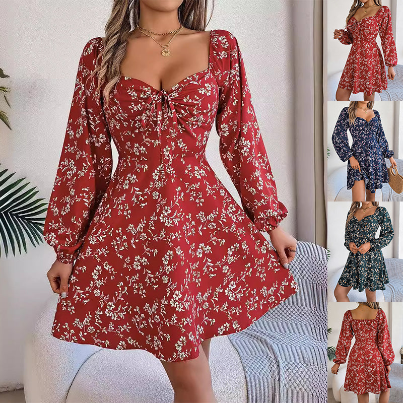 Fashion Floral Print Lantern Sleeve Dress Casual Sexy Tie Square Neck