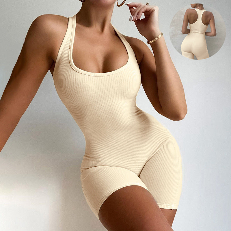 Sleeveless Backless Jumpsuit Colid Color Fitness Sports Yoga Leggings