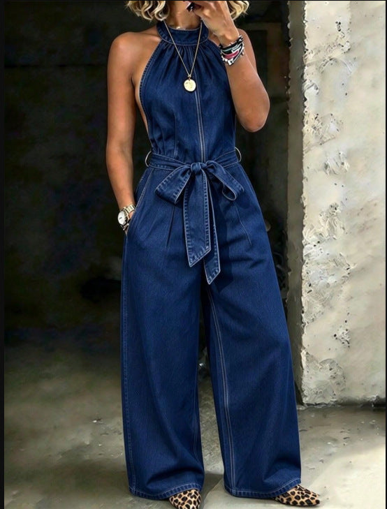Women's Sleeveless Wide-Leg Denim-Look Jumpsuit